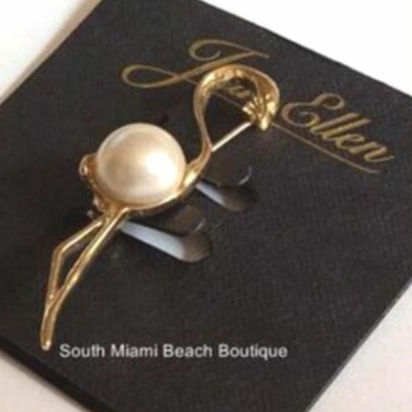 Gold Pearl Flamingo Pin Brooch White Tropical - Picture 5 of 7